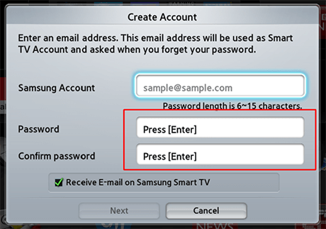 Samsung Smart TV - Создание пароля учётной записи Samsung